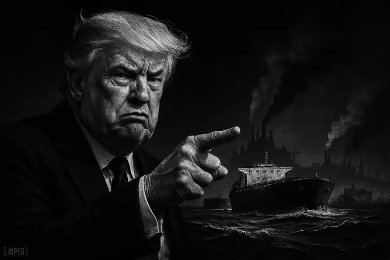 A grayscale caricature of Donald Trump pointing over a tanker-choked strait as oil turmoil and geopolitical tension unfold behind him.