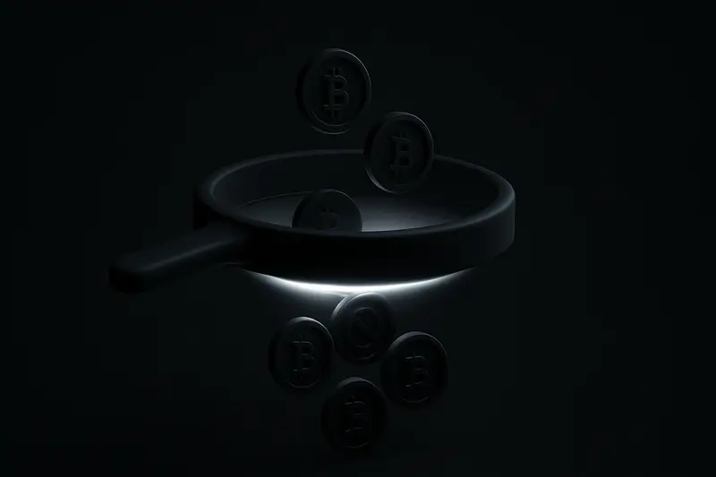Dark interface with a luminous filter grid catching red-glowing coins while clean gold coins pass through on black background.