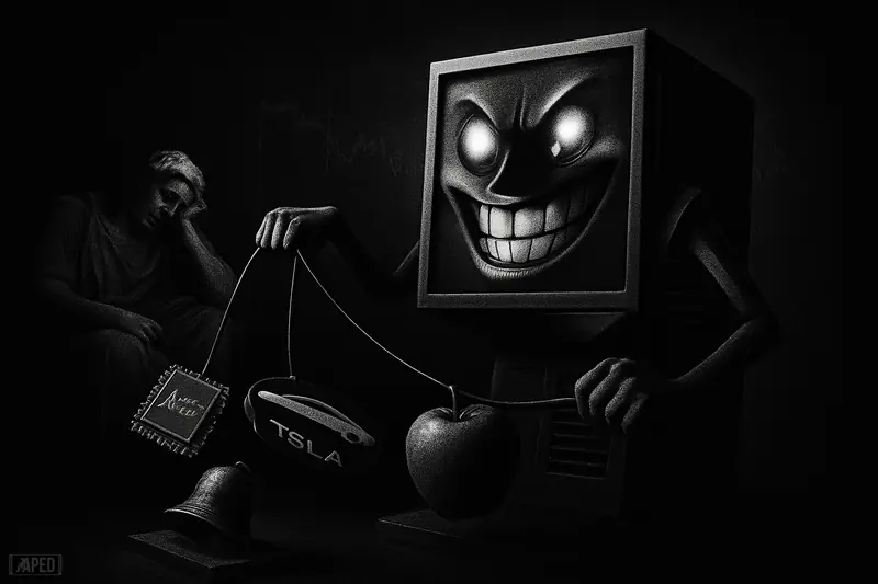 A grinning automated trading machine dominates a dark scene, with a chip, electric car, and apple circling it as TradFi sleeps.