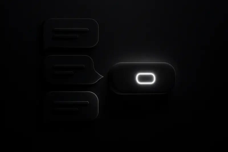Dark smartphone screen with neon post cards flowing into a single glowing order button, surrounded by faint candlestick lines.