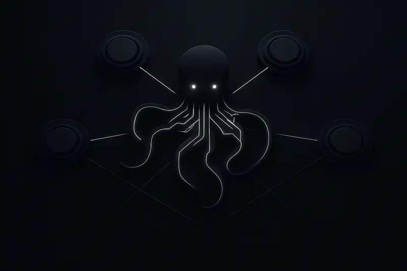 Neon circuit-like octopus tendrils connect glowing nodes over a dark grid, with flowing liquid light streams between hubs.