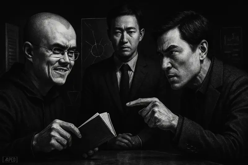 Three crypto exchange founders in a tense grayscale standoff across a desk, framed by dark servers, fractured reflections, and moody cinematic lighting.