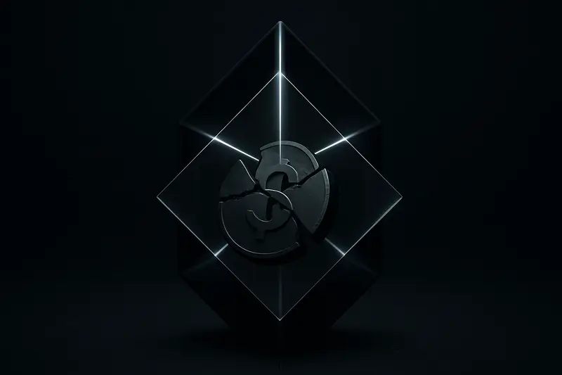On a black background, a cracked glowing coin splits into four shards passing through a prism portal, with faint circuit lines.