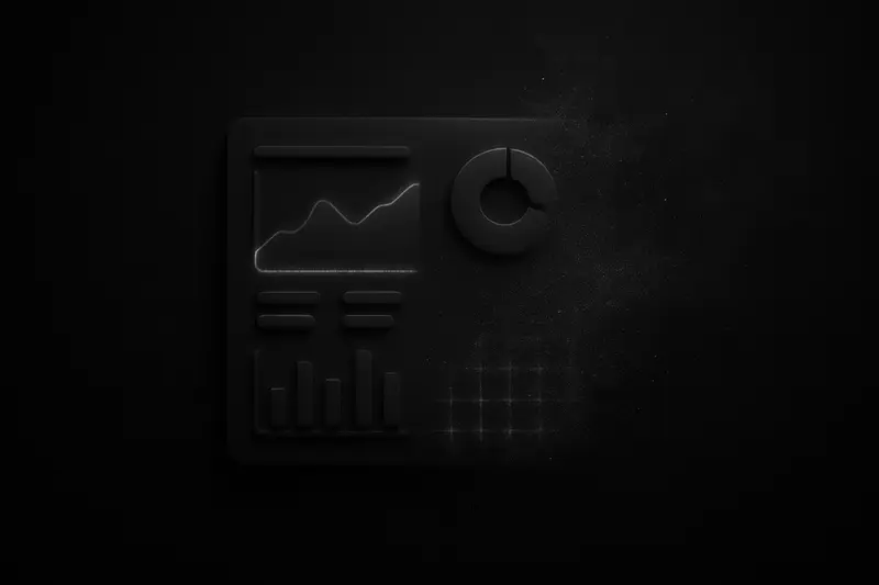 A neon blockchain grid and chart-like lines fade into black static, with scattered glowing fragments on a dark background.