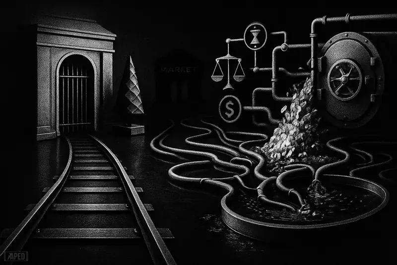 Two contrasting metallic rail paths split across a dark grid, one gated and institutional, the other open with flowing liquidity and crystalline debris.