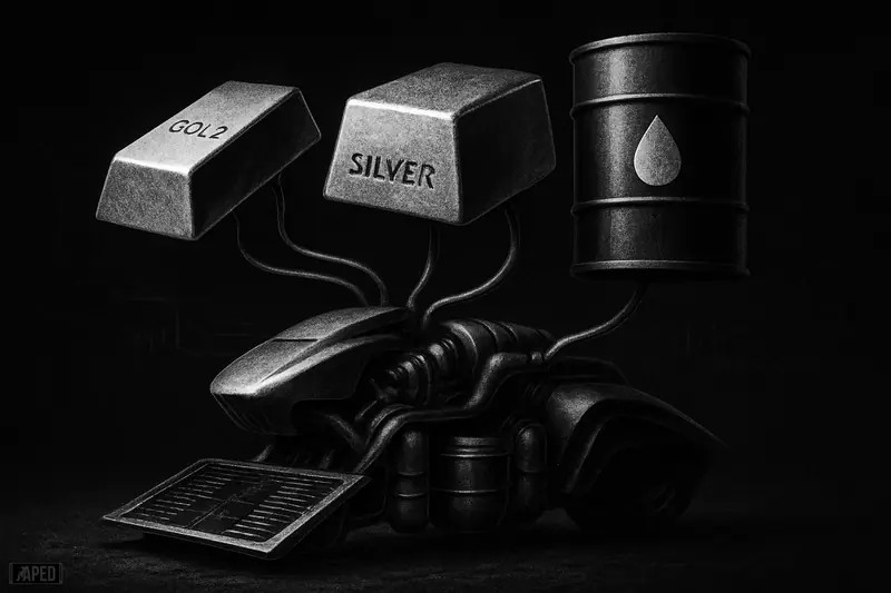A futuristic trading machine feeds gold, silver, and oil props through thin pipes in a dark grayscale market scene.