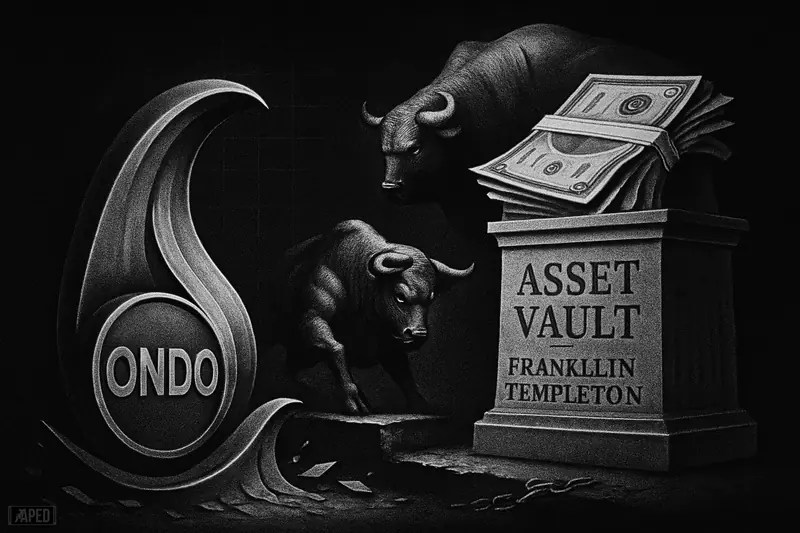 A metallic wave machine rises as treasury streams feed it, while a bull defends a ledge and a shadowy bear threatens behind.
