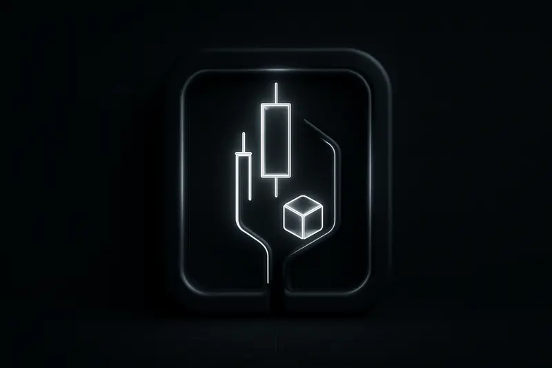 Dark desert-night backdrop with a luminous geometric gate, a candlestick chart line fusing into a glowing blockchain cube.