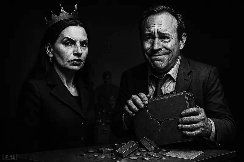 Ruja Ignatova and Karl Greenwood as photorealistic caricatures amid seized assets, shadowy agents, and a dark justice-themed backdrop.