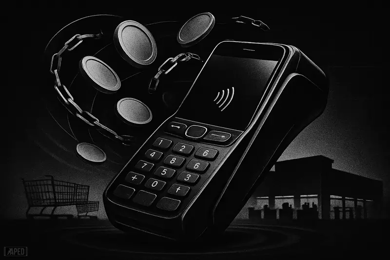 A futuristic payment terminal-smartphone hybrid stands before a shadowy superstore, surrounded by floating token-like discs in a dark grayscale scene.