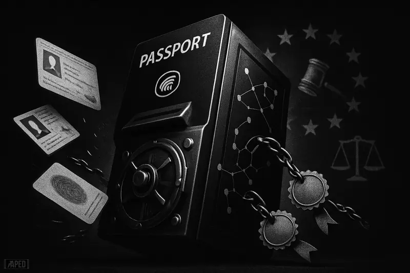 A dramatic grayscale biometric identity machine-vault hybrid surges upward amid scattered credentials, regulatory symbols, and a faint European star ring.