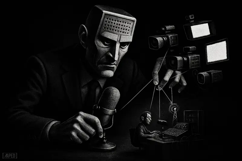 A towering AI-like broadcast machine overtakes a smaller podcast studio, controlling cameras and microphones in a dark monochrome media set.