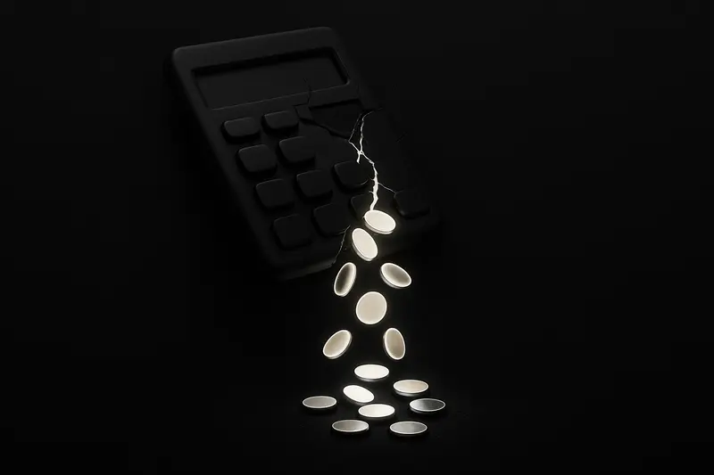 A broken calculator with a glowing decimal point spills a torrent of neon coins into a dark, starless background.