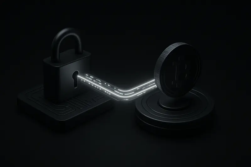 Matte-black vault shaped like a microchip, with a glowing lock and neon data streams spiraling around metallic coin-like rings.