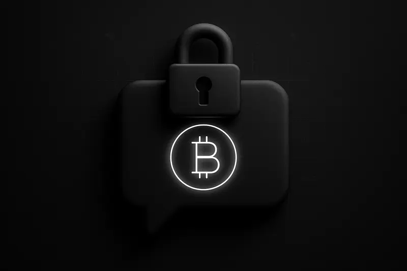 A dark interface shows a glowing speech bubble with a padlock, while faint coin-shaped glyphs fade into the black background.