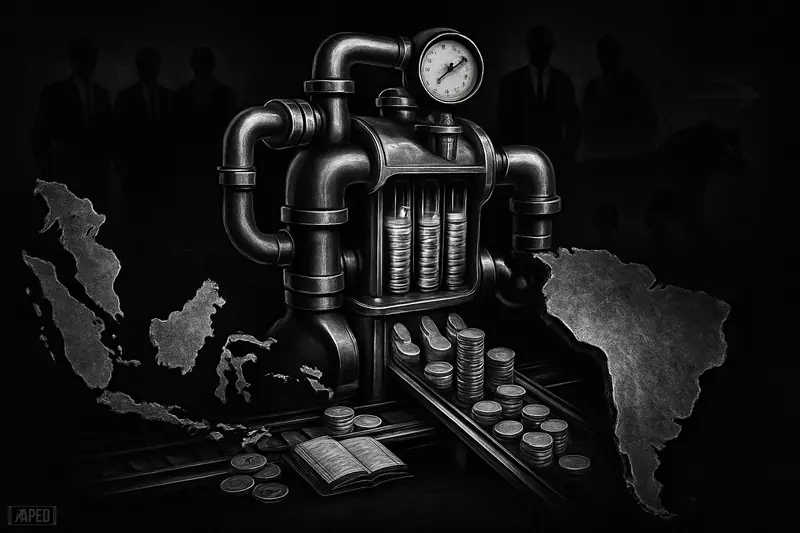 A dramatic grayscale payment machine spans Latin America and Southeast Asia, symbolizing fast stablecoin remittances under watchful investor figures.
