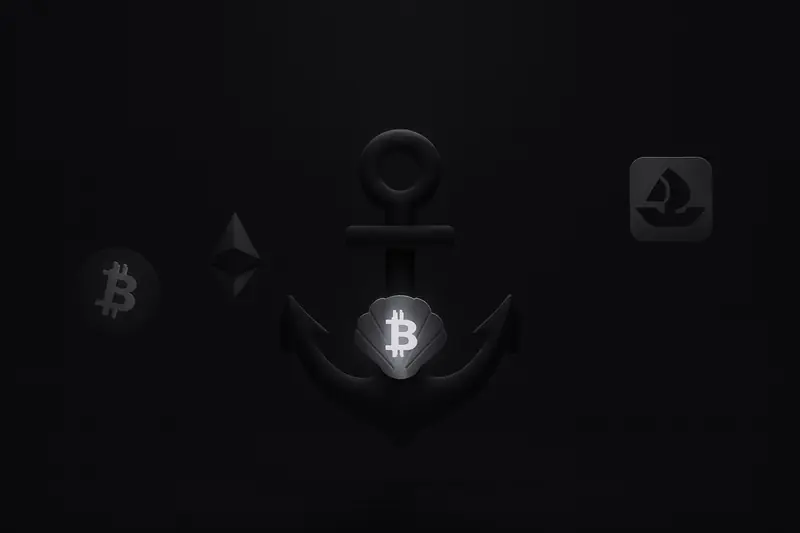 A glowing seashell-shaped coin tethered to a heavy anchor in dark water with faint bubbles and soft neon highlights.