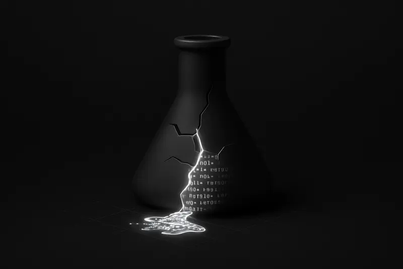 Cracked glass flask on a dark background, spilling glowing neon code fragments onto a geometric circuit grid.