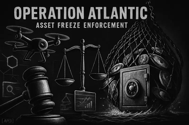 A dark ocean dragnet traps metallic crypto fish near a frozen vault, surrounded by law-enforcement symbols and analytic network imagery.
