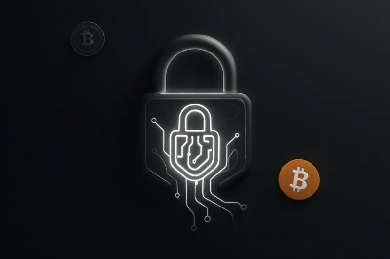 A dark Bitcoin coin silhouette with glowing circuit lines, merging into a padlock and flowing neon data streams on black.