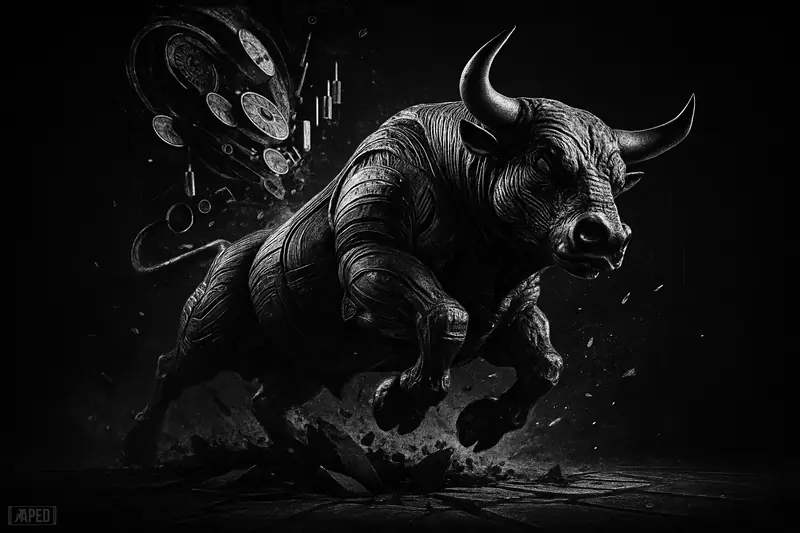 A metallic bull charges upward through a dark trading floor as spinning ledger discs and data nodes swirl behind it in grayscale.
