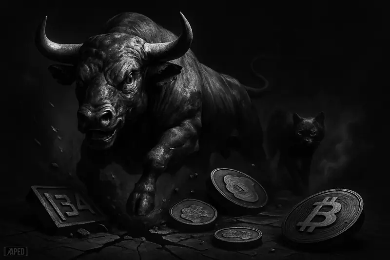 A grayscale bull bursts upward from a shattered trading floor while a shadowy cat stalks among Bitcoin-like inscription slabs in a dark grid backdrop.
