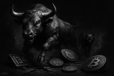 A grayscale bull bursts upward from a shattered trading floor while a shadowy cat stalks among Bitcoin-like inscription slabs in a dark grid backdrop.