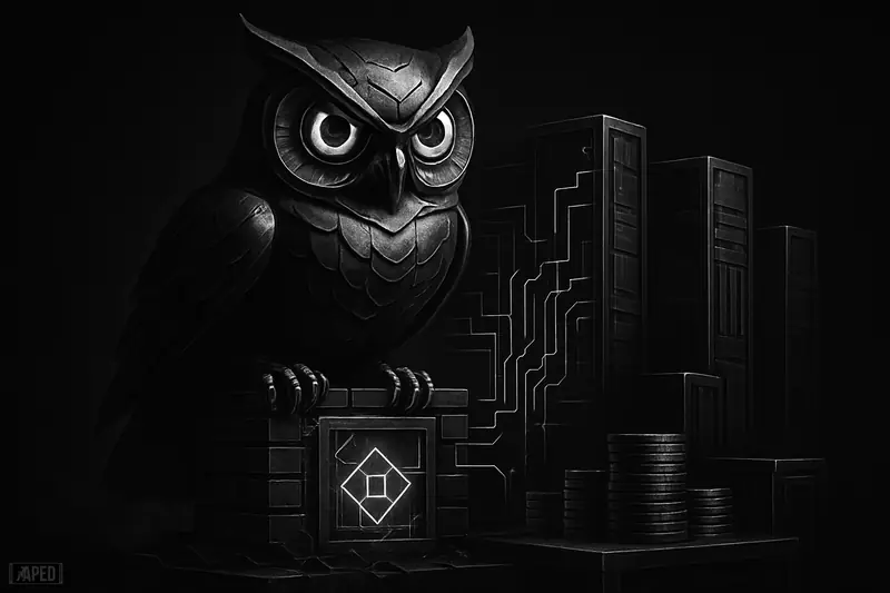A monochrome mechanical owl looms over modular blockchain machinery and AI servers in a dark cinematic scene with a faint data grid.