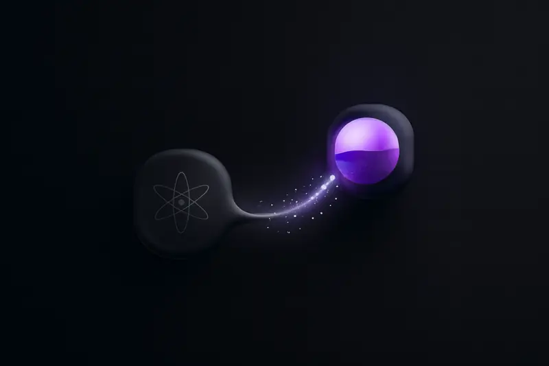 Two luminous spheres on a black background trade shimmering particles through a curved wormhole bridge, with faint gridlines and dust.
