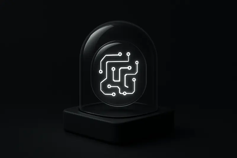 A glass dome on a dark background encloses a glowing circuit-board maze with faint data particles swirling around it.