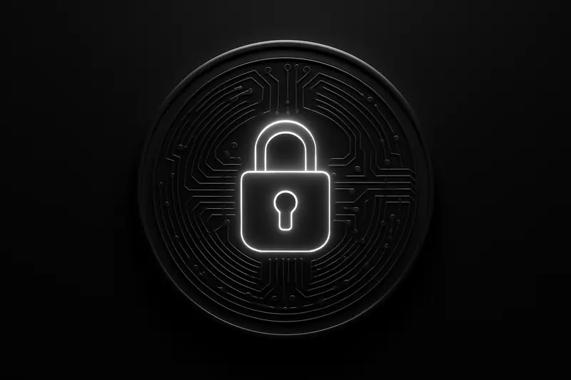 Glowing green padlock fused with a dark metallic coin and circuit-board lines, floating on a black background with faint grid.