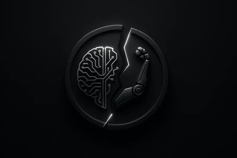 A shattered glowing coin morphs into a neural circuit sphere and metallic robotic arm on a dark, starry background.