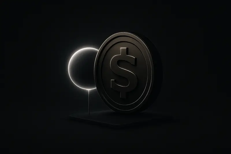 On a black background, a gold coin looms over a glowing stablecoin sphere chained to a massive dark vault.