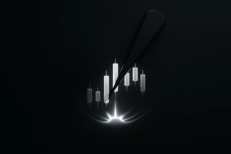 Neon candlestick chart on a black background as a metallic gauge needle drops through it, scattering faint digital sparks.
