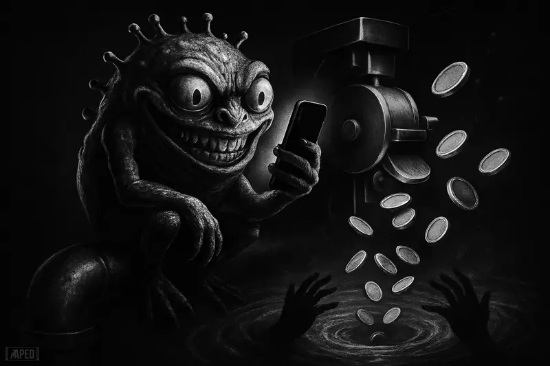 A mischievous gremlin mascot triggers a token-minting frenzy as blank coins multiply and fall into a dark liquidity whirlpool.