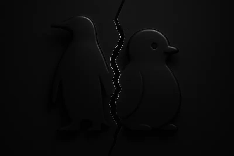 Two minimalist penguin silhouettes overlap on a dark background, separated by a glowing jagged crack like torn paper.