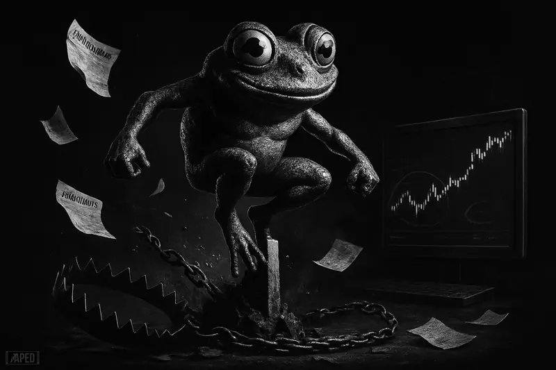 A frog-like market mascot leaps upward from broken traps amid dark trading screens, symbolizing a memecoin breakout and short squeeze.