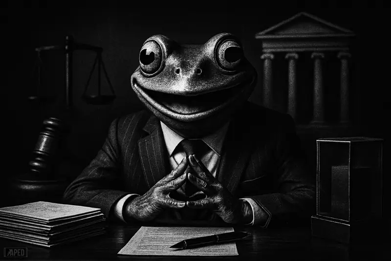 A suited frog mascot smirks at a trading desk beside filing papers, with gavels, scales, and dark financial architecture behind.