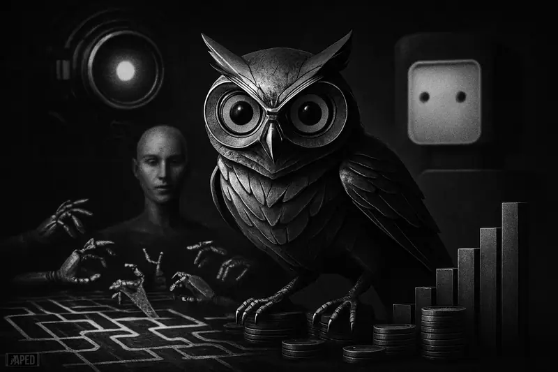 A metallic owl dominates a dark AI landscape as search paths become robotic agent arms and rival machines loom behind.