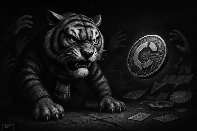 A fierce tiger mascot on a dark football pitch confronts a floating crypto medallion as shadowy fans hesitate in a grayscale stadium.