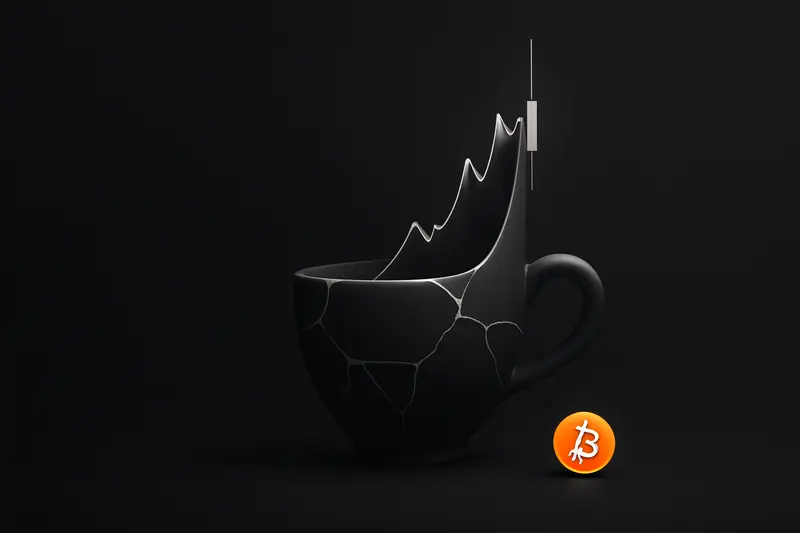A cracked dark porcelain cup dissolves into a broken glowing candlestick curve above a faint Bitcoin-like coin silhouette on black.