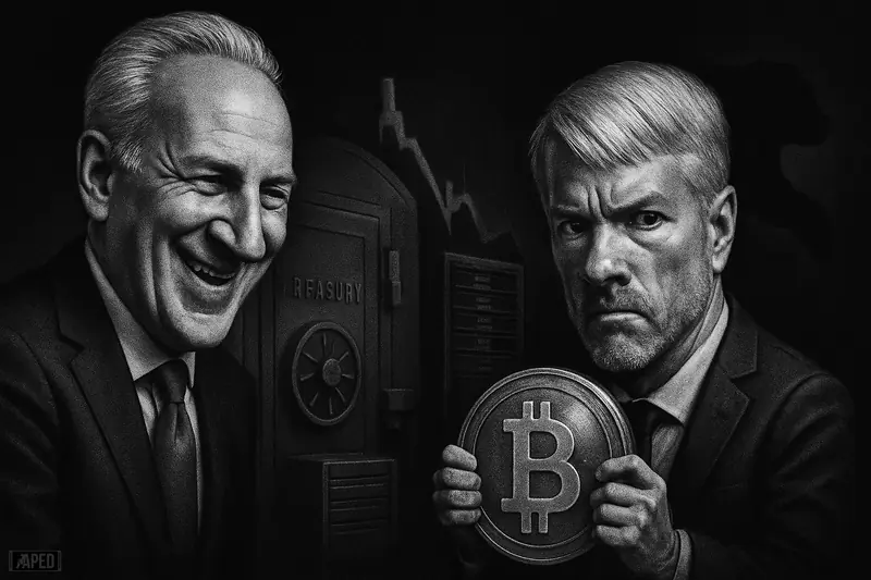 Peter Schiff smirks at a tense Michael Saylor holding a metallic Bitcoin symbol before a dark market-themed corporate backdrop.