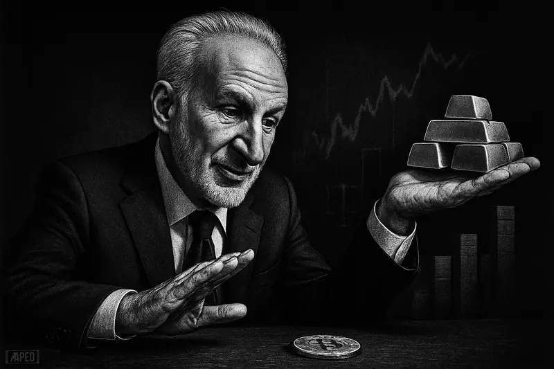 Peter Schiff caricature in a dark studio, gesturing skeptically at a low coin-like disc while presenting towering gold and silver bars.