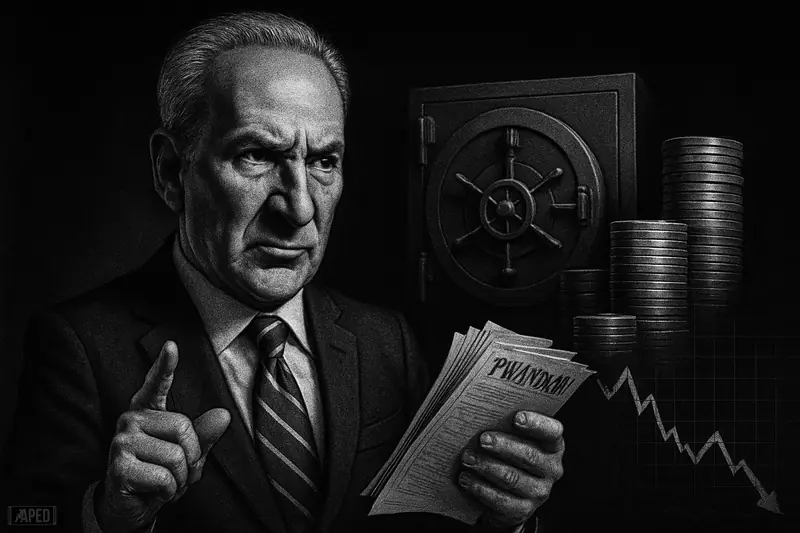Peter Schiff, in a realistic exaggerated portrait, gestures critically before a shadowy treasury vault and sinking crypto-market symbols.