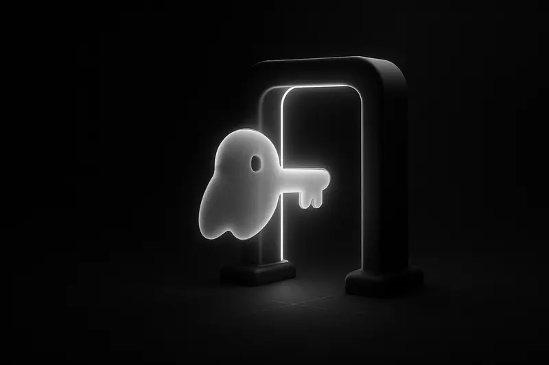 Translucent purple ghost-shaped key slips through a neon green checkpoint arch, with faint circuit lines on a black background.