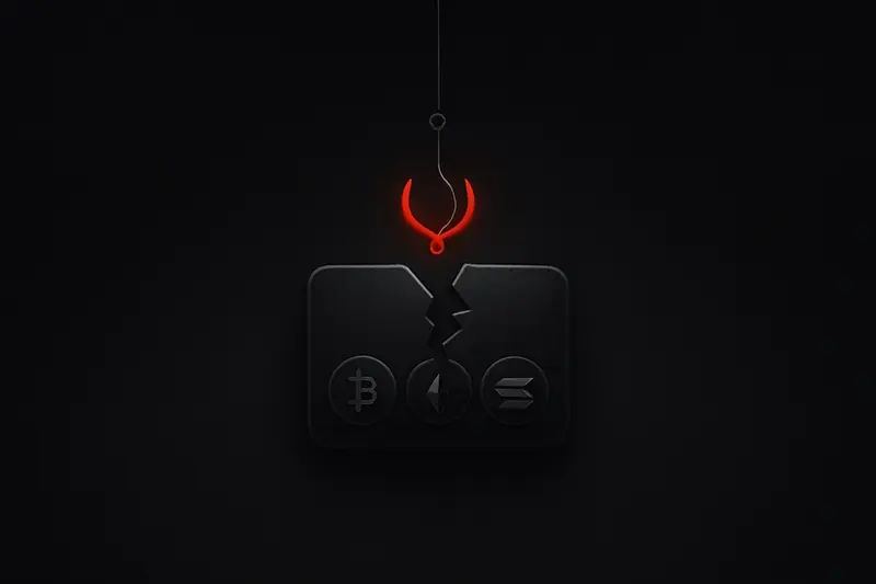 On a dark background, a neon claw-shaped hook pierces a cracked digital wallet, spilling luminous coins into shadowy code fragments.