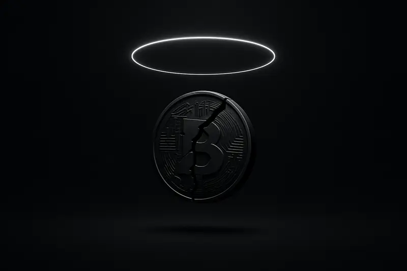 A cracked metallic coin floats under a thin neon ring, with faint upward data lines on a black background.