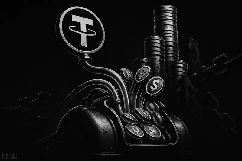 A futuristic reactor-like vault swells with incoming liquidity from a hovering tethered ring, towering above darker blockchain structures in grayscale.