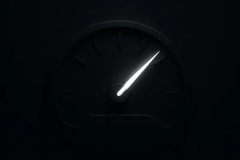 A dark circular gauge with a luminous needle crossing the midpoint, neon arcs and subtle digital particles on black background