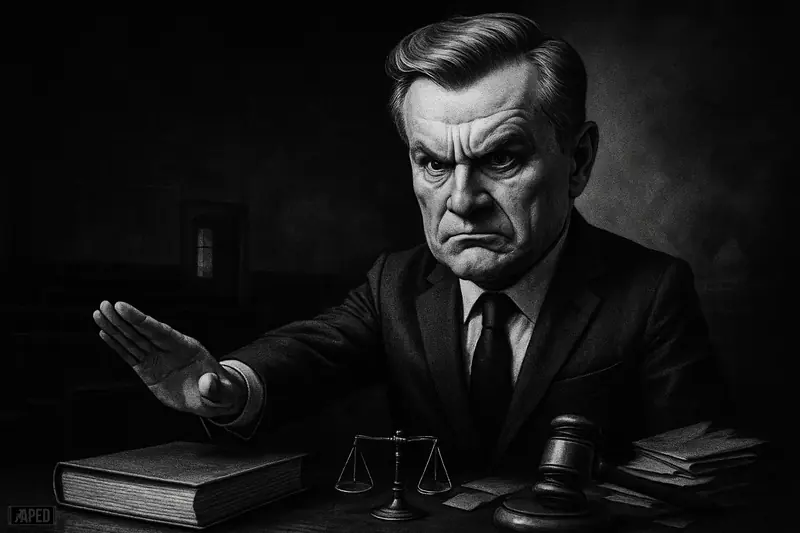 A stern caricature of Karol Nawrocki blocks a legislative file in a shadowy parliament chamber with legal symbols and a dark data-grid backdrop.